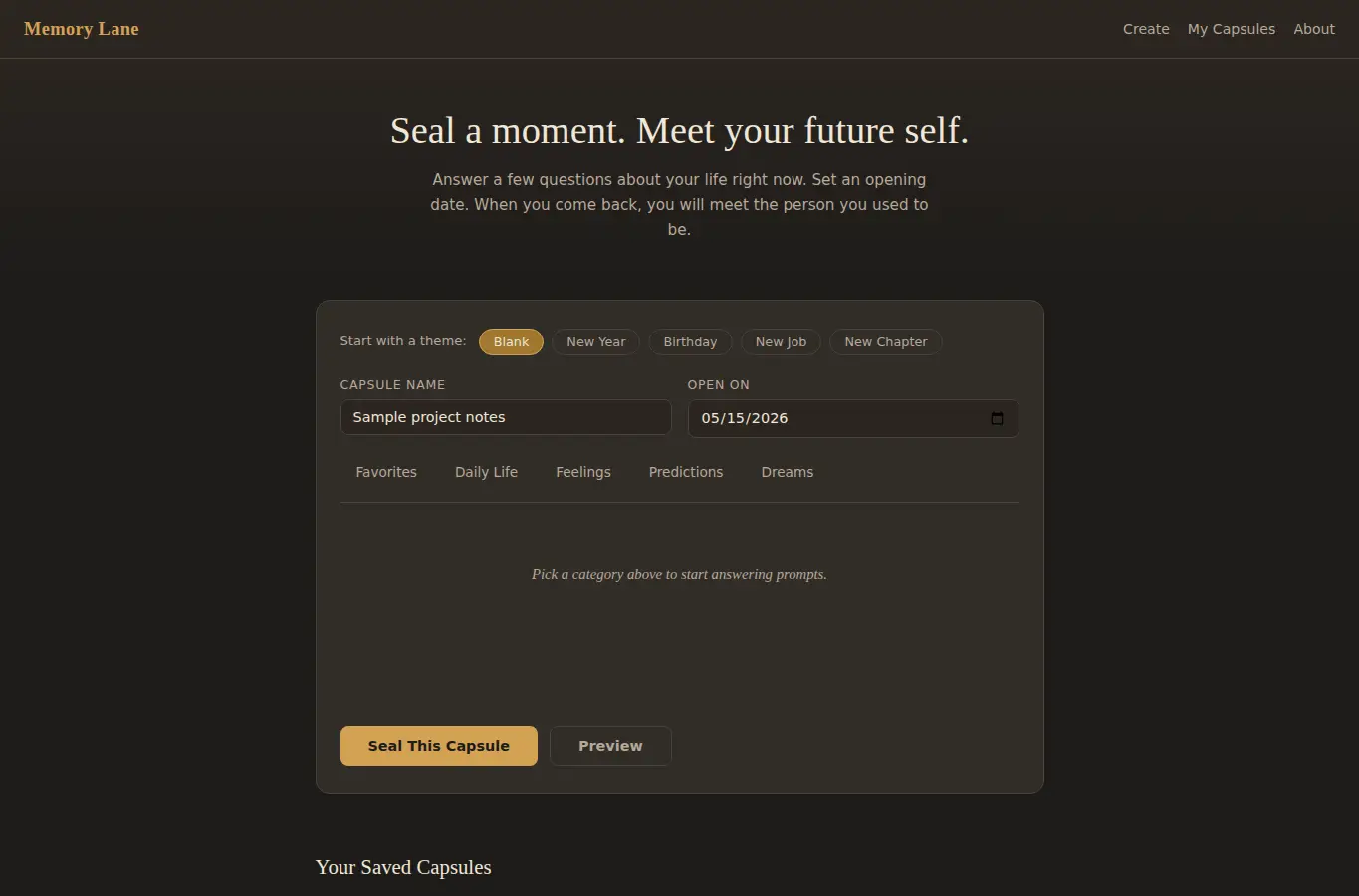 Screenshot of Memory Lane Timecapsule interface showing the project page in use